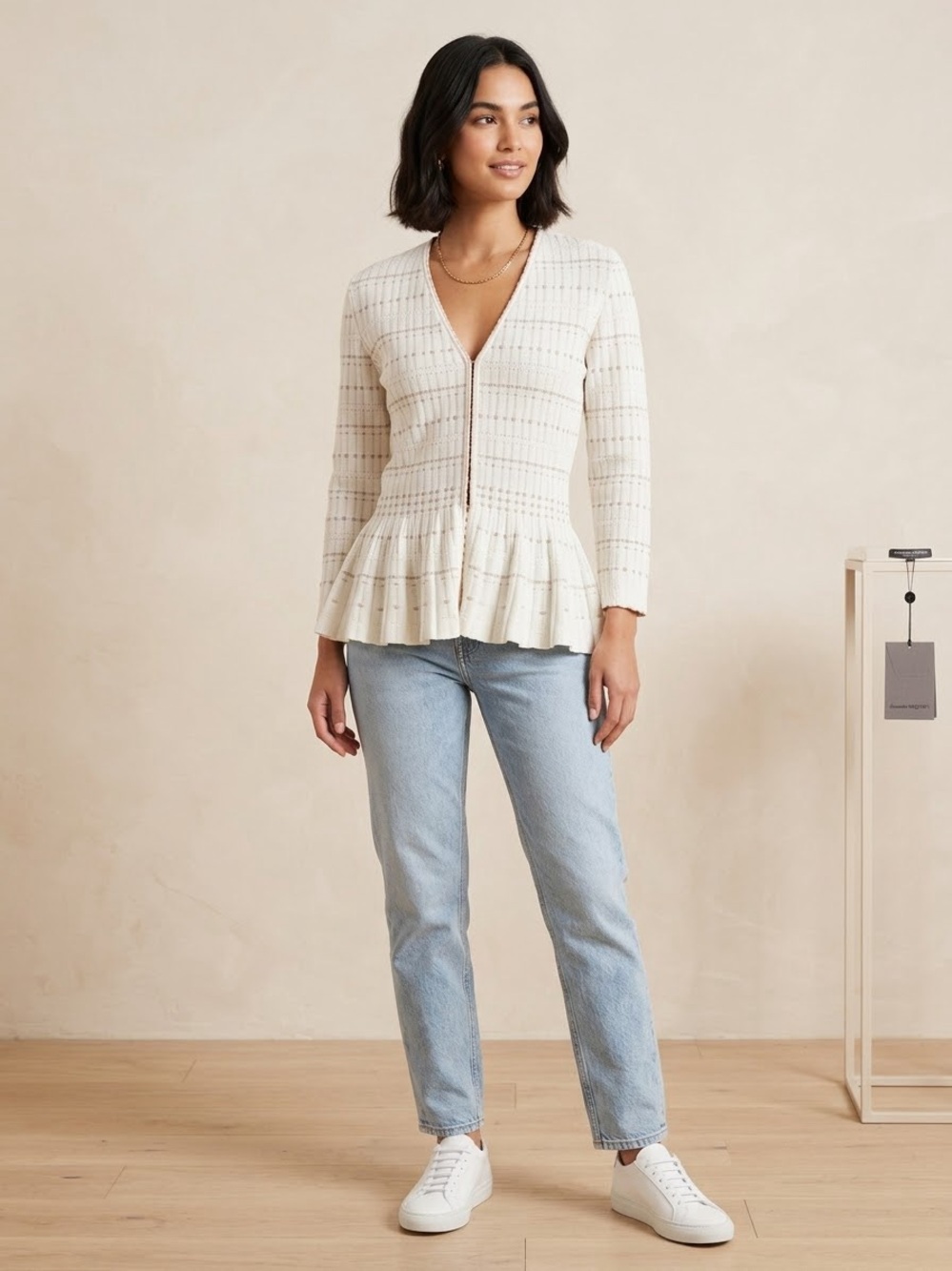 Alexander McQueen Cream Open-Front Tweed Peplum Jacket